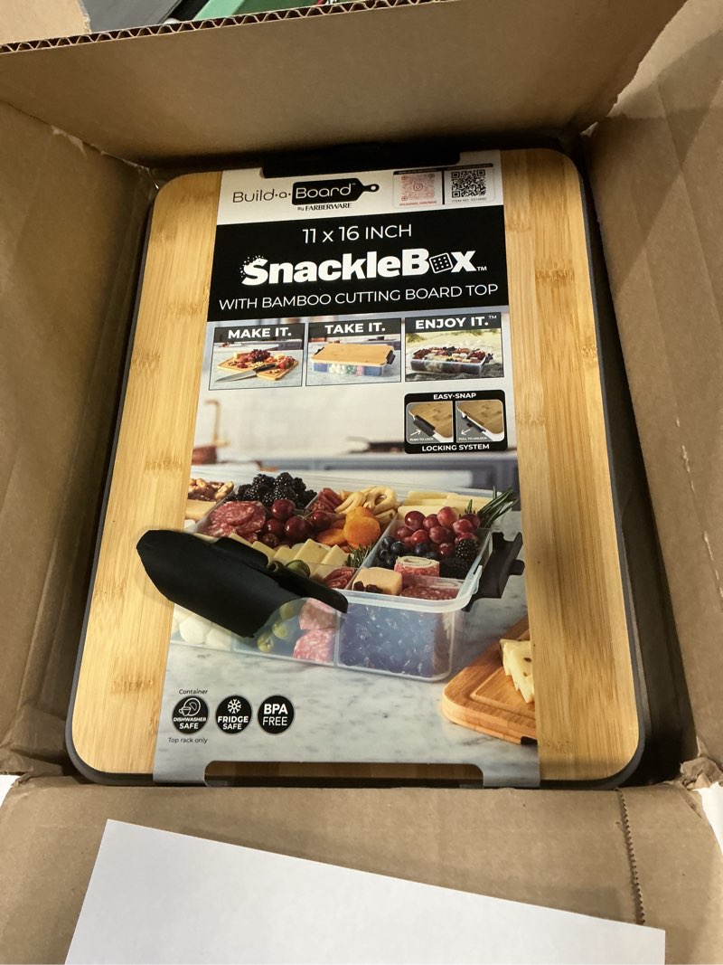 Condition photo showing As Is for farberware build snacklebox serving tray with locking bamboo cutting board lid, portable storage container charcuterie, and more-make it. take it. enjoy it, 11 compartments, black