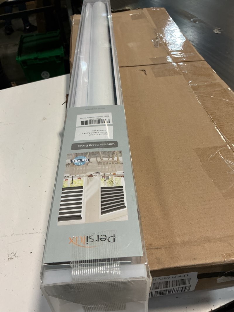 Condition photo showing As Is for persilux zebra blinds for windows, cordless roller blinds (34.5" w x 72" h, white) light filtering sheer window treatments, light control for day and night, room darkening roller shades for windows 34.5"w x 72"h white