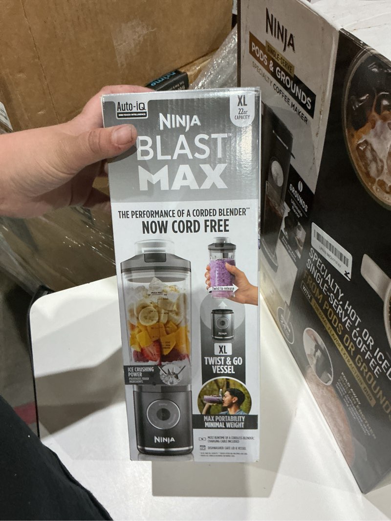Condition photo showing As Is for ninja blast max, portable & personal blender + twist & go, smoothie, blend, ice crush, 3 programs, cordless, 22 oz removable vessel, dishwasher safe, leakproof, grey, bc251gy gray