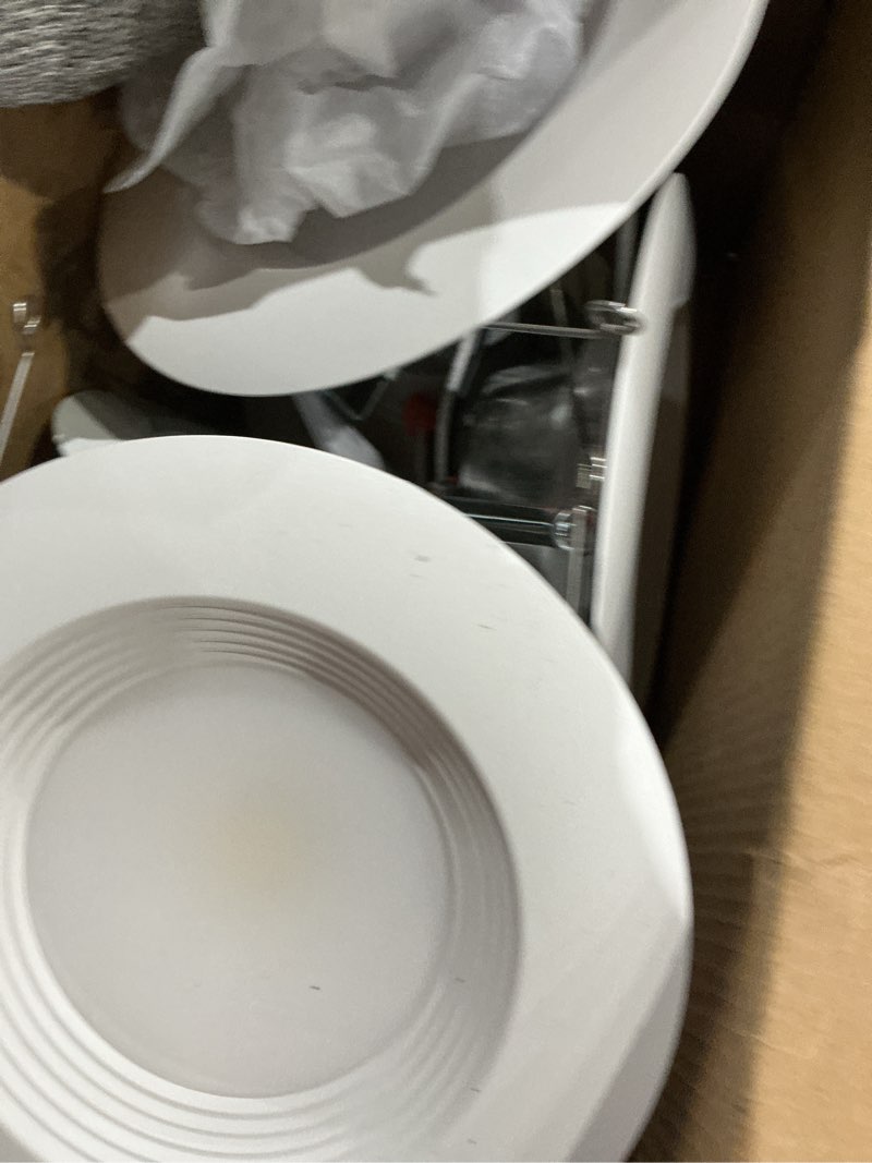 Condition photo showing As Is for halo white 5-in or 6-in 600-lumen switchable white round dimmable led canned wet rated recessed downlight (6-pack)