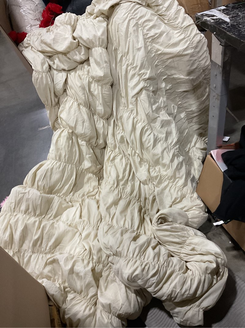 Condition photo showing Good Condition for bonlino queen comforter set - ruched comforter queen size bed set boho shabby chic bedding for bedroom comforter fluffy 3 piece ruffle comforter set with pillow white bedding soft wheat queen