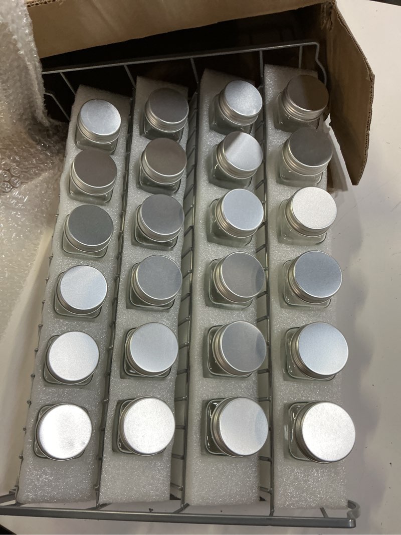 Condition photo showing New/Like New for swommoly spice rack organizer with 36 empty square spice jars, 396 spice labels with chalk marker and funnel complete set, for countertop, cabinet or wall mount,silver