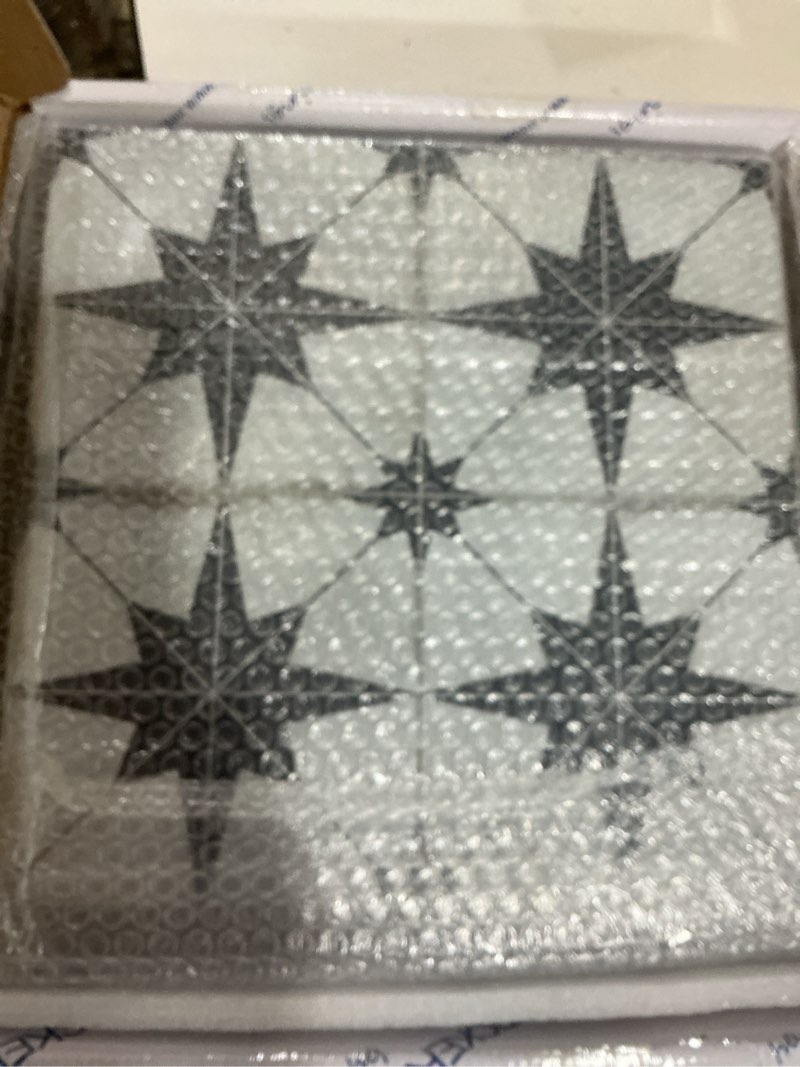 Condition photo showing New/Like New for the tiles plaza encaustic peel and stick backsplash, black star patterned vintage stick on tiles, stone composite self-adhesive wall tile sticker for kitchen bathroom fireplace stairs, 10 sheets star 12x12 inch