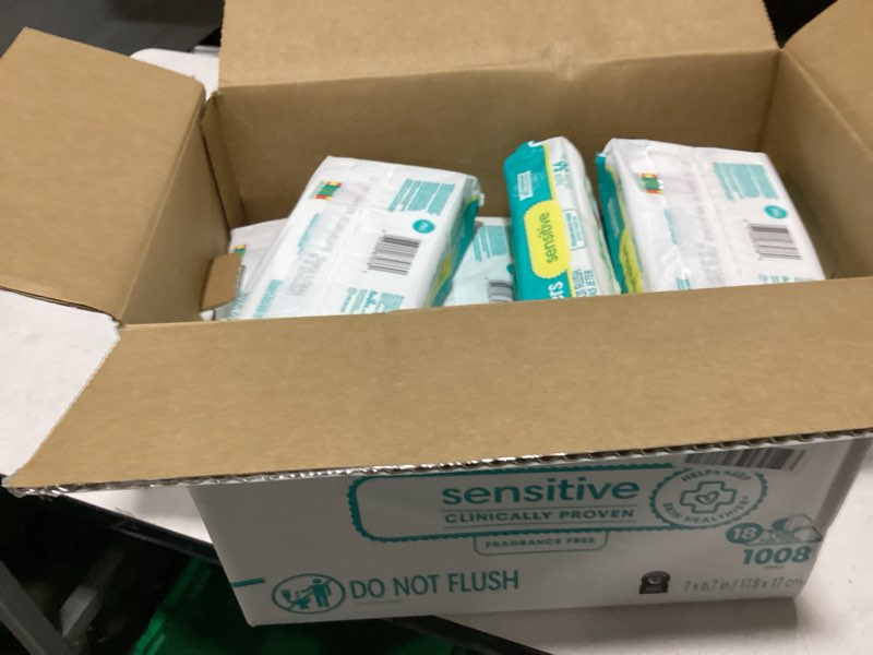 Condition photo showing As Is for pampers sensitive baby wipes, water based, clinically proven, hypoallergenic, and unscented for babies, 1008 wipes total (18 flip-top packs) [packaging may vary] 56 count (pack of 18)