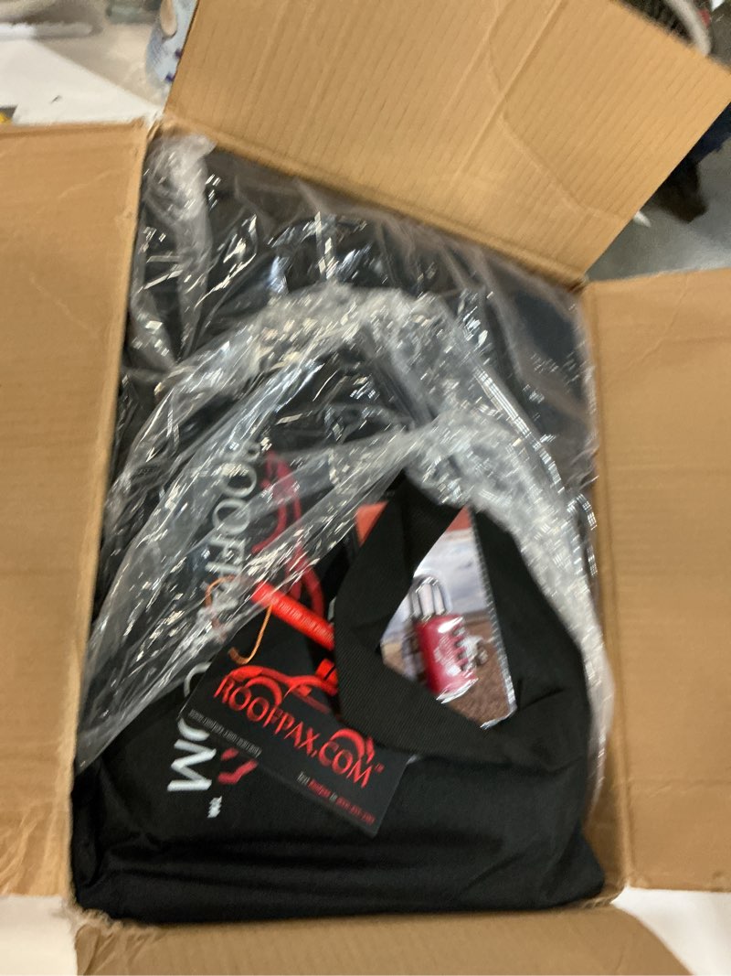 Condition photo showing Good Condition for roofpax expandable 15/19 cft. car rooftop cargo carrier bag waterproof storage including double zippers, heavy-duty tie-down straps fit cars with/without roof top rack or side rails expandable 15 to 19 cubic feet