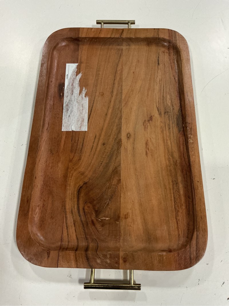 Condition photo showing As Is for better homes & gardens- acacia wood rectangle tray with gold color handles, one size