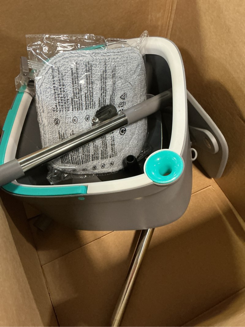 Condition photo showing Good Condition for true & tidy square spin mop & bucket system – dual chamber for clean & dirty water, 360° rotating self-wringing mop with built-in scrub brush, stainless steel handle & 2 reusable microfiber mop pads mop bucket with 2 mop pads