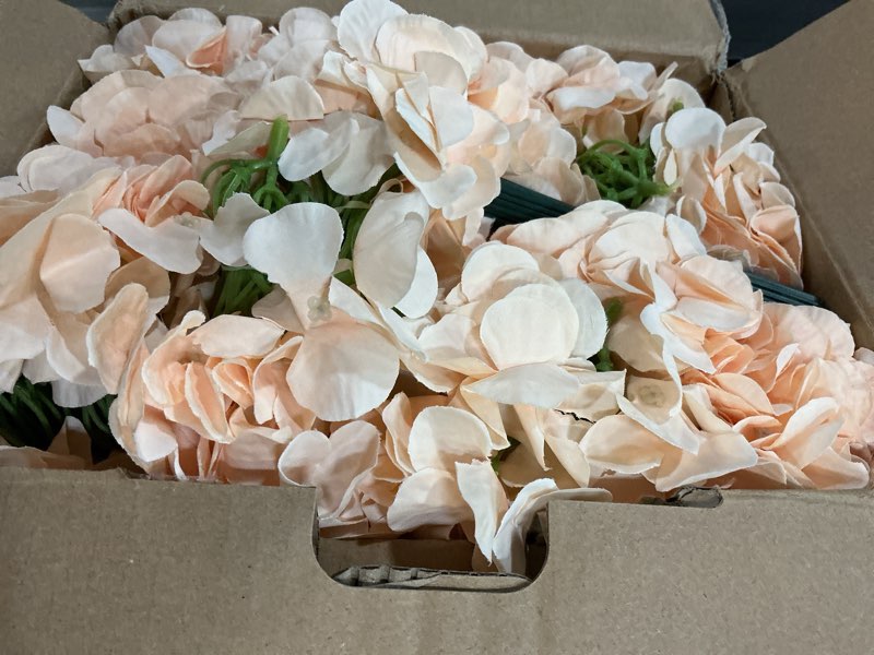 Condition photo showing New/Like New for aviviho 65pcs fake flowers champagne hydrangea artificial flowers bulk (not squished, no steaming need) silk flowers with stems for wedding decor,home,baby shower,table centerpieces decoration medium champagne 65