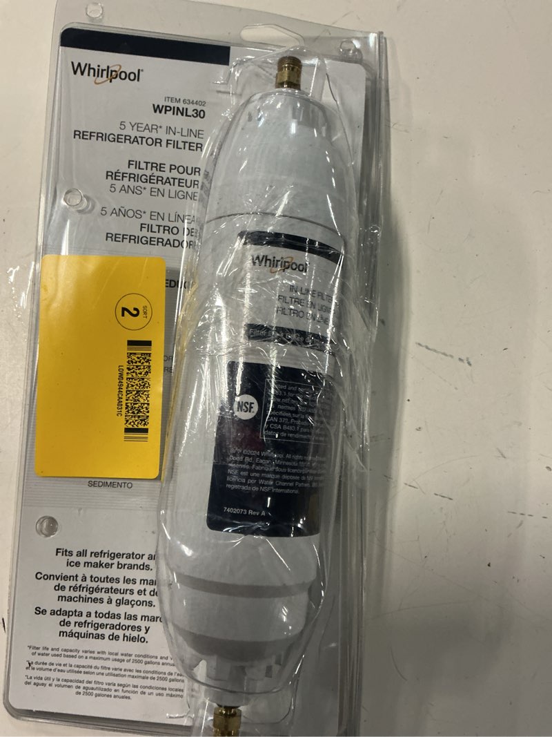 Condition photo showing As Is for whirlpool in-line refrigerator water filter 5-year