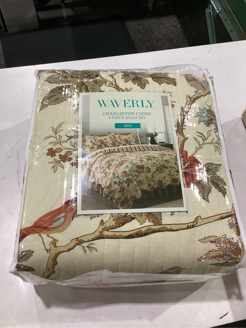 waverly charleston chirp modern farmhouse floral 4-piece reversible quilt bedspread set, king, papay