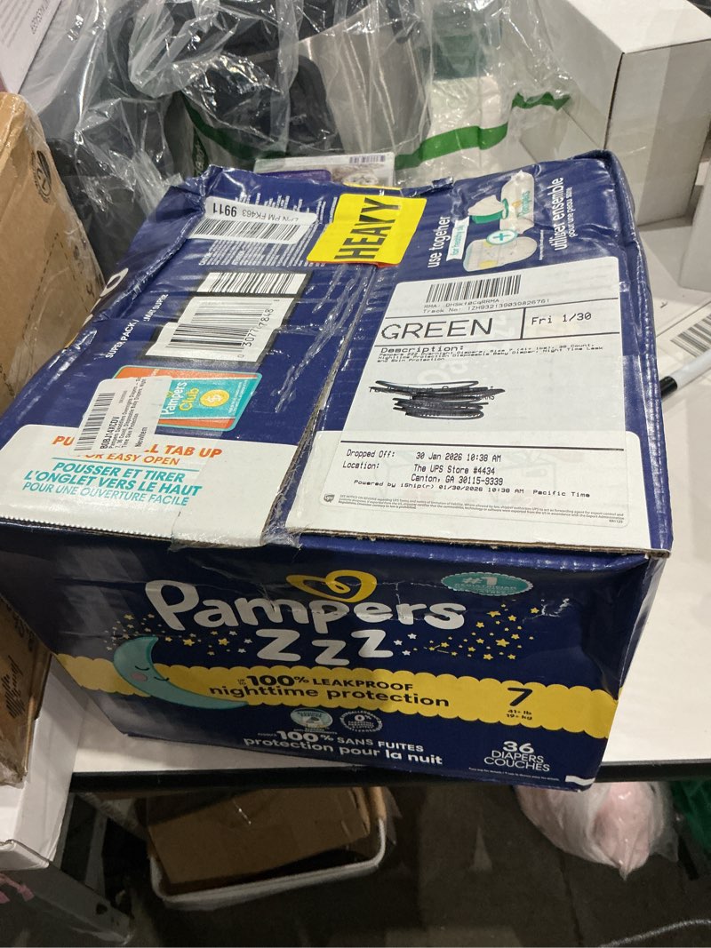Condition photo showing New/Like New for damaged box pampers zzz overnight diapers, size 7 (41+ lbs), 36 count, nighttime protection disposable baby diaper, night time leak and skin protection size 7 36
