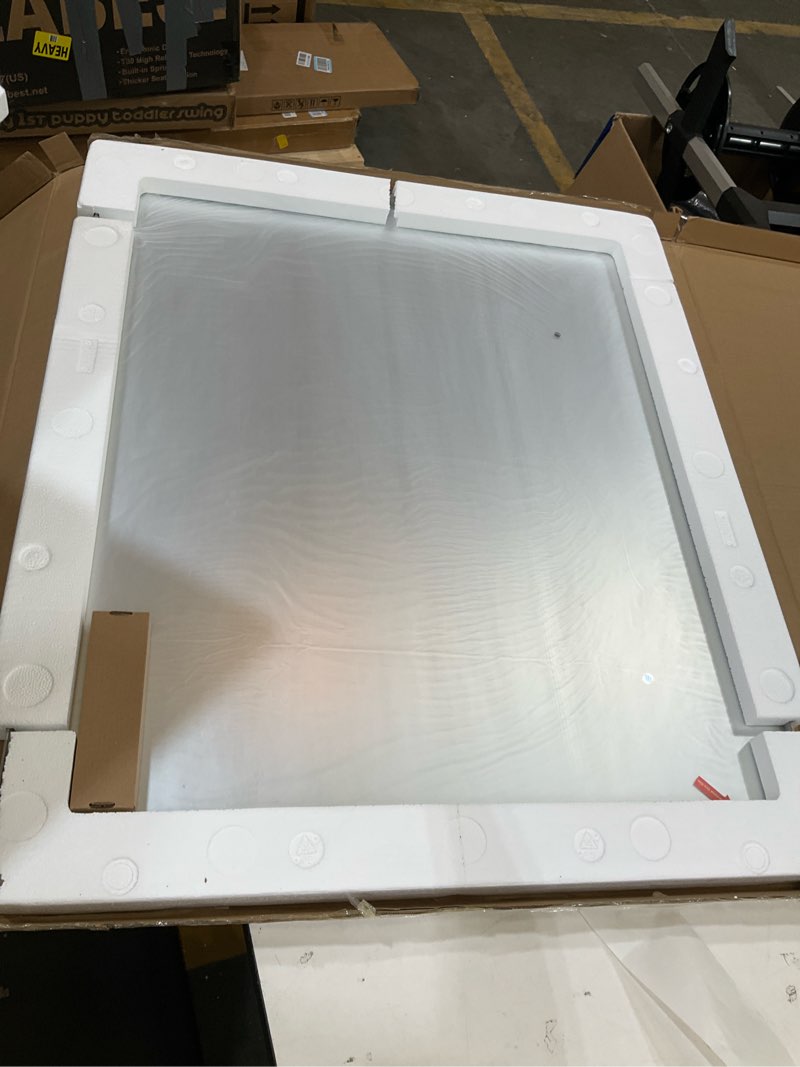 Condition photo showing New/Like New for loaao 30x36 inch brushed nickel bathroom mirror, rounded rectangle silver metal frame mirror, brushed nickel, anti-rust, shatter proof, hangs horizontally or vertically brushed nickel 30"l x 36"w