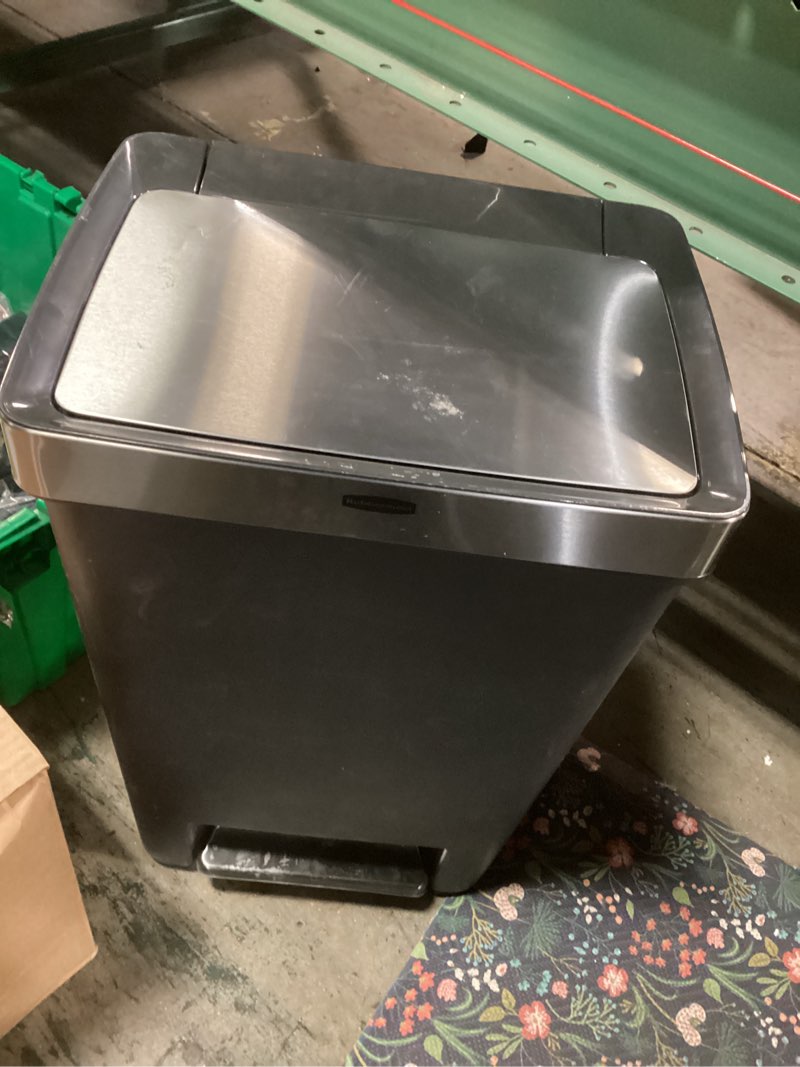 Condition photo showing As Is for Rubbermaid Premier Series IV Step-On Trash Can for Home and Kitchen, 12.4 Gallon, Stainless Steel Lid Charcoal, for Home/Kitchen/Garage/Apartment/Office Metal Rim & Lid