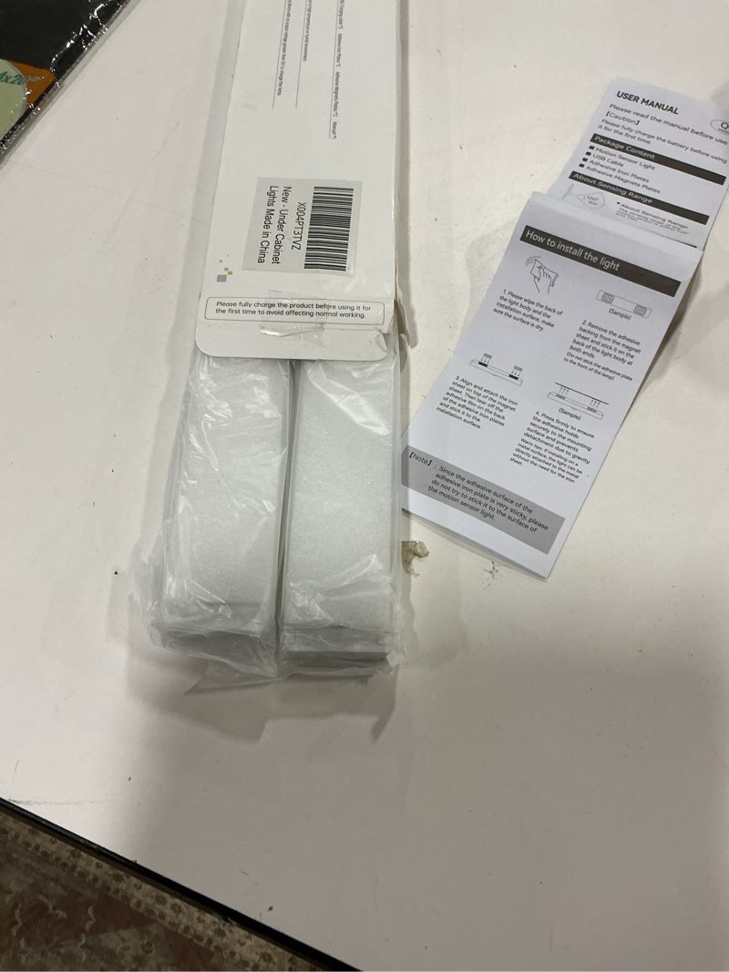 Condition photo showing New/Like New for 16 Inches Under Cabinet Lighting 2200mah, 108 LED Motion Sensor Light Indoor, Dimmable 3 Color Rechargeable Closet Light, Battery Operated Magnetic Night Light for Kitchen, Wardrobe, Stairs 16 inches White