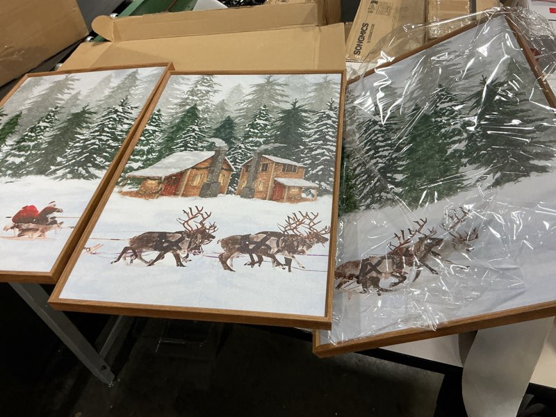 Condition photo showing Good Condition for CHDITB Santa Claus Reindeer Sleigh Framed Canvas Wall Art(16"x24"), 3 Panels Christmas Winter Holiday Artwork Prints, Large Rustic Xmas Gift Snow Scene Forest Landscape Decor for Home Office Bedroom 16"L x 24"W Santa Claus Reindeer Sleigh
