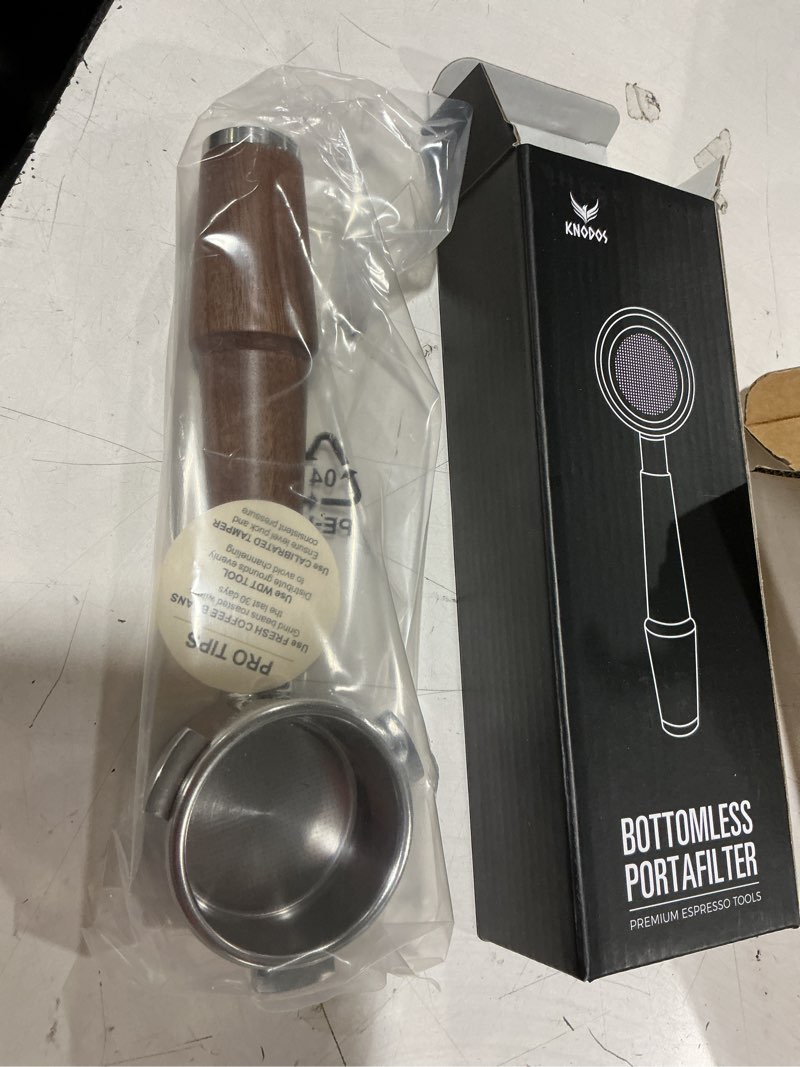 Condition photo showing New/Like New for 54mm bottomless portafilter v2 with upgraded american walnut handle - compatible with breville barista express, pro, touch, bambino, plus, infuser, duo temp pro- includes 18-21g filter basket
