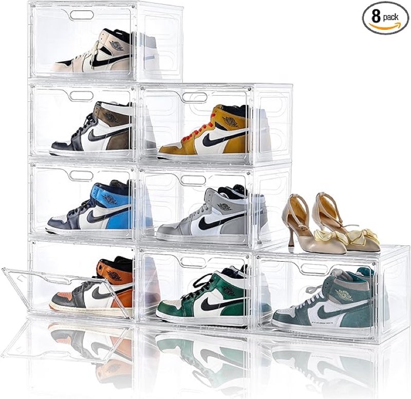 12 pack shoe boxes clear plastic stackable, large shoe storage organizer with lids,drop side shoe containers for entryway,sneaker storage fit up to 