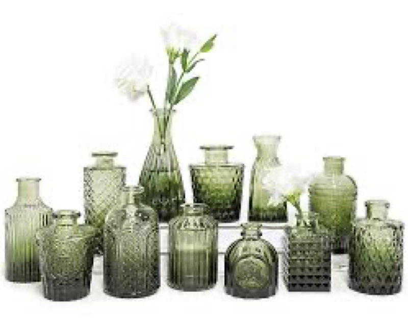 GarDream Green Small Bud Vases in Bulk 12, Vintage Embossed Flower Vases for Centerpieces, Boho Glas