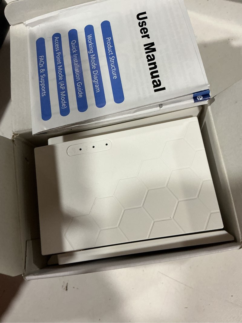 Condition photo showing As Is for wifi extender signal booster, 5.8ghz&2.4ghz dual band wifi booster covers up to 10200 sq.ft and 45 devices, easy setup, one ethernet port white