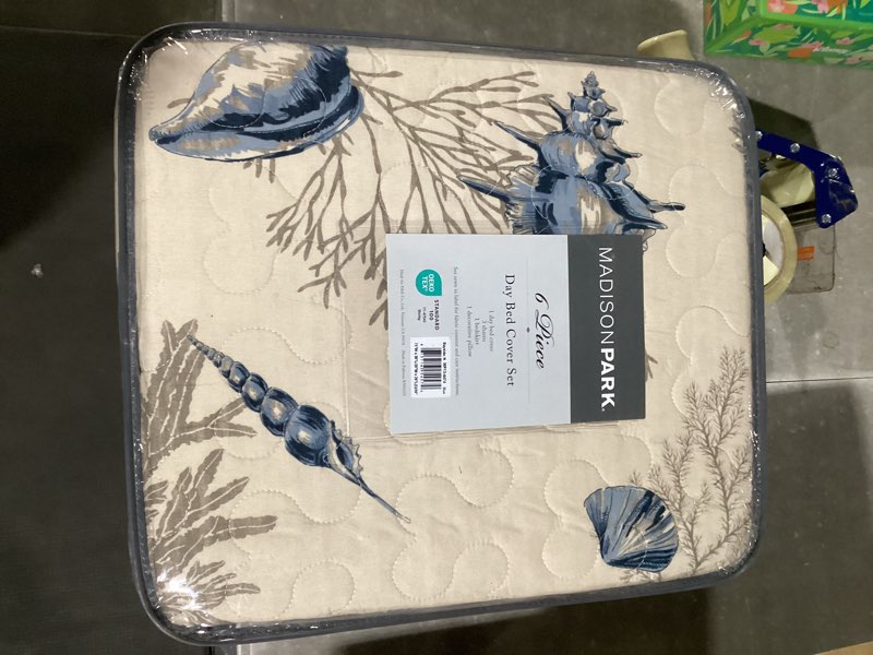 Condition photo showing New/Like New for madison park daybed cover double sided quilting casual design all season bedding set with bedskirt, matching shams, decorative pillow, 75 in x 39 in, seashell blue