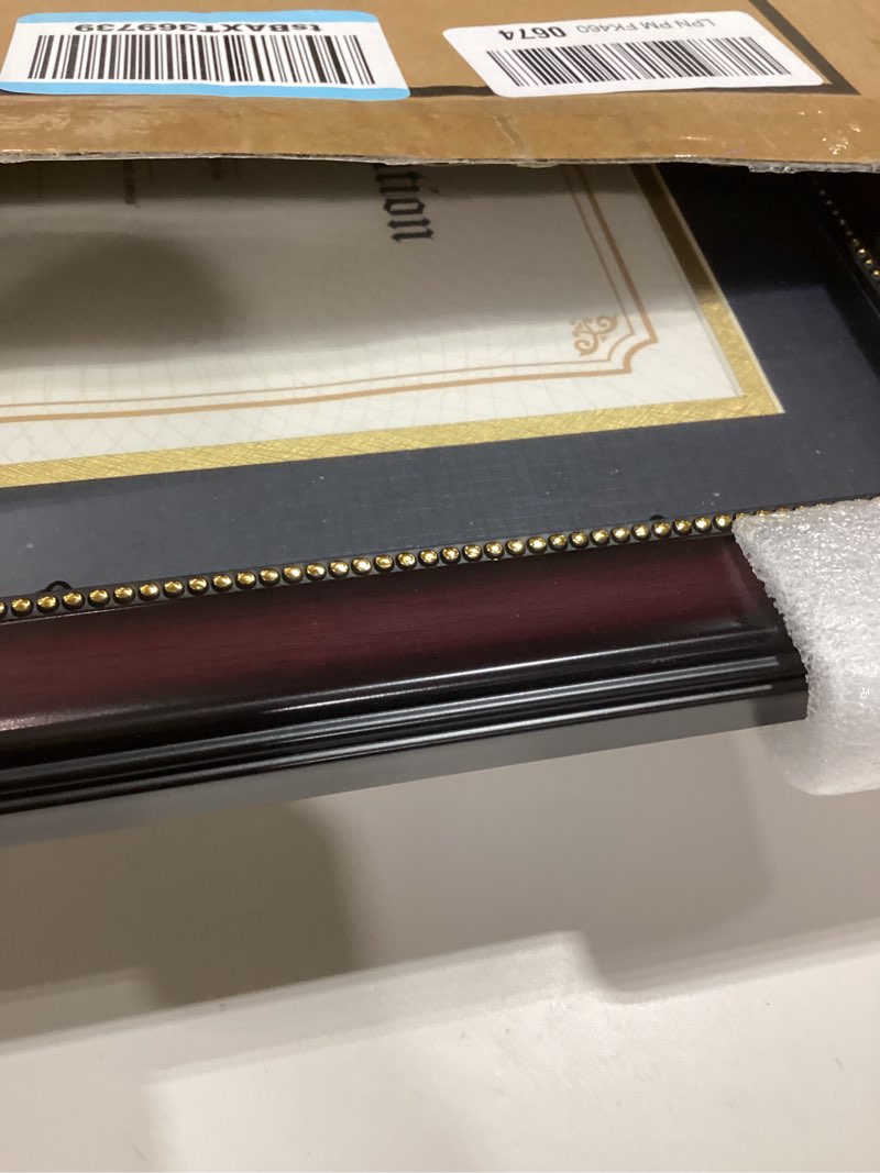 Condition photo showing Good Condition for graduationmall 8.5x11 diploma frame with black over gold mat or display 11x14 document without mat, uv protection acrylic, mahogany with gold beads mahogany with gold beading 11x14 or 8.5x11 with mat