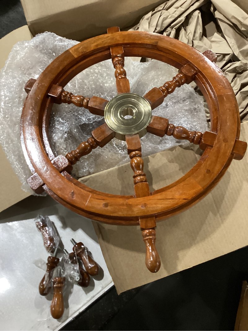 Nagina International Natural Wood Handcrafted Ship Wheel With Inlayed Brass Anchor And Rippets| Ocea