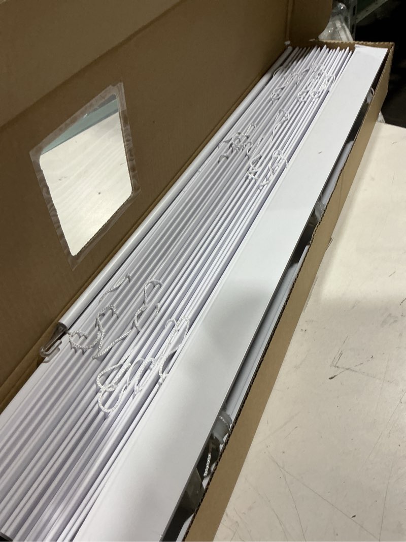 Condition photo showing As Is for allen + roth trim at home 2-in slat width 31-in x 64-in cordless white faux wood room darkening horizontal blinds