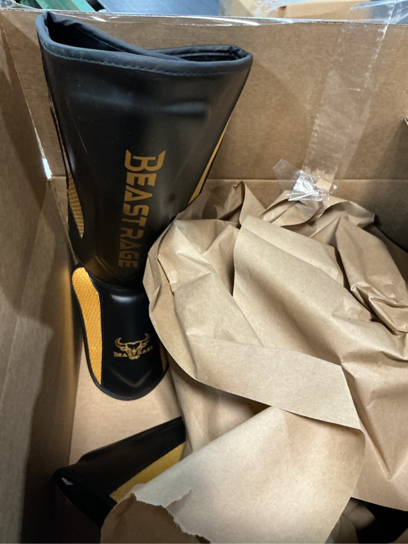 Condition photo showing Good Condition for beast rage mma martial arts shin guards for kickboxing adjustable muay thai, padded martial arts shin pads leg guard with instep sleeves mma training bjj karate boxing taekwondo golden medium