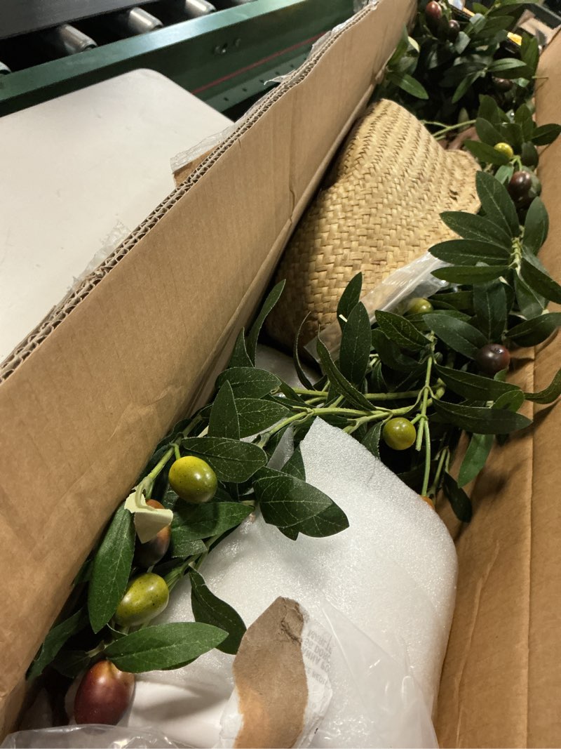 Condition photo showing Good Condition for 6FT Artificial Olive Tree - Indoor Tall Faux Olive Trees with Planter&Basket, Large Fake Olive Silk Tree Realistic Olive Plants with Branches and Fruits for Home Decor Office Living Room 6ft Olive Tree With Planter&basket Green 1