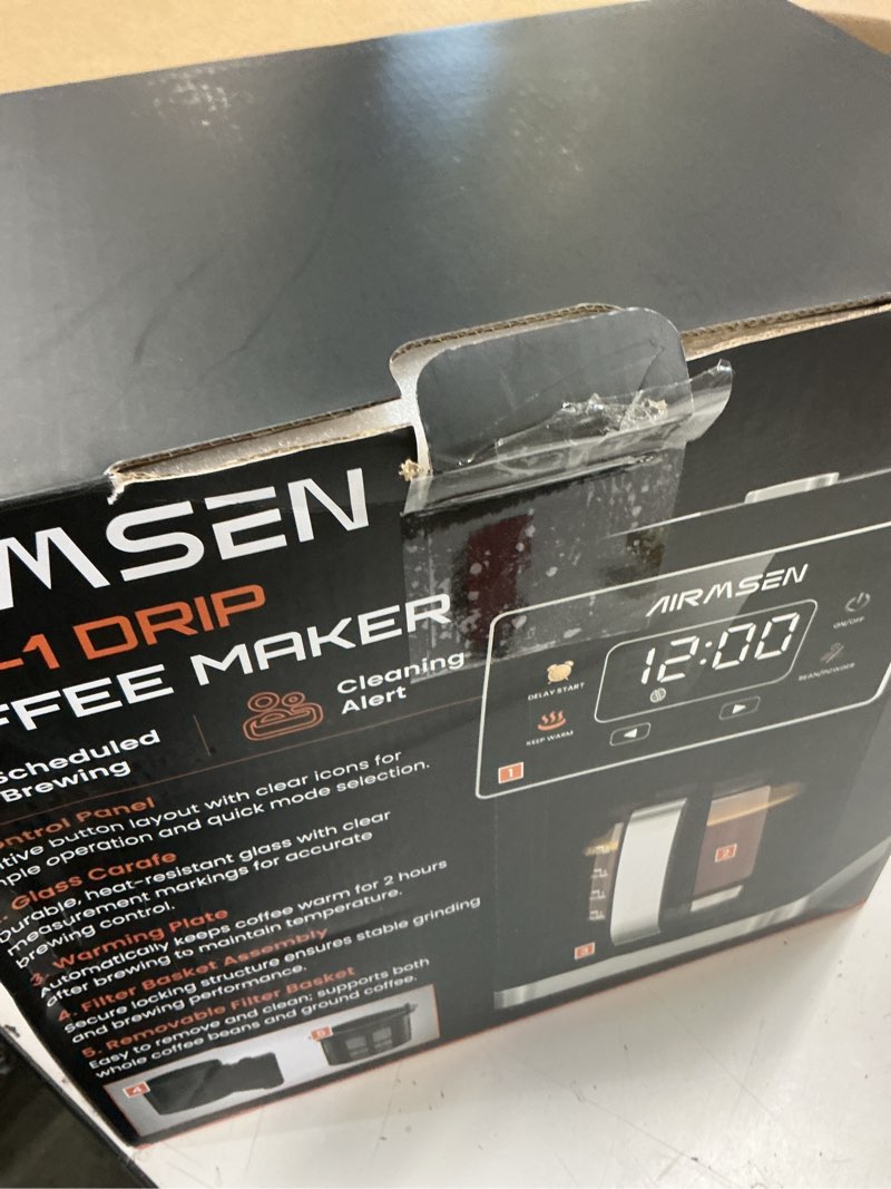 Condition photo showing Good Condition for airmsen grind & brew coffee maker with built-in grinder, programmable single serve coffee maker - 5 cup capacity, 3 grind settings, auto keep warm & glass carafe for home and office