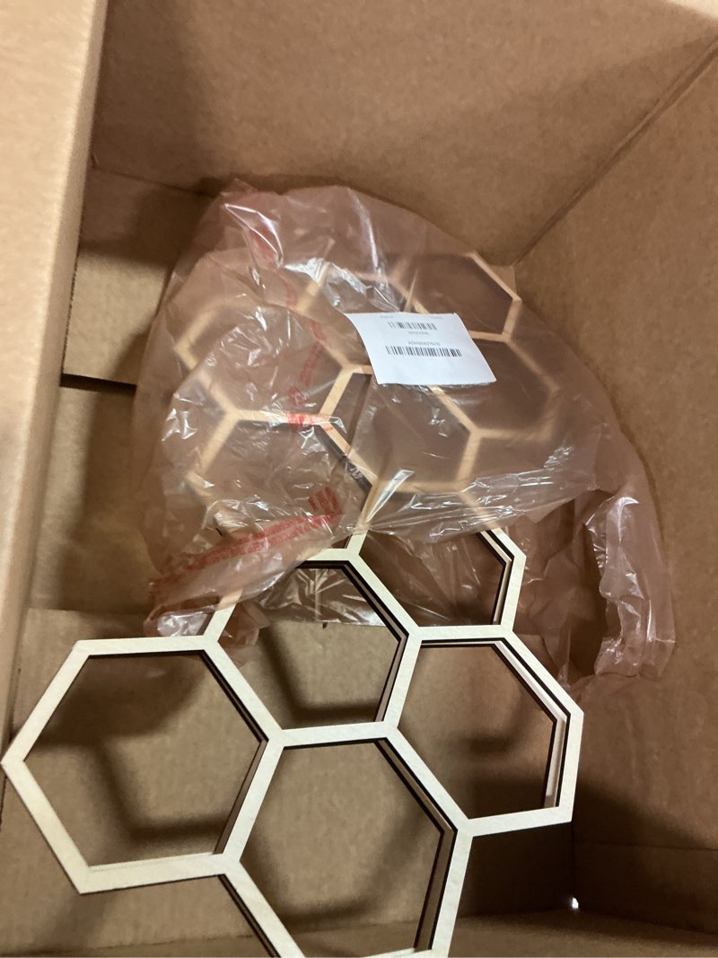 Condition photo showing Good Condition for Silipull 2 Pcs 22 x 12 Inch Large Wood Honeycomb Decoration Honeycomb Wall Decor Wood Hexagon Decor Bee Wall Hanging Decoration for Living Room Garden Bedroom Office Home Party(Wood Color)