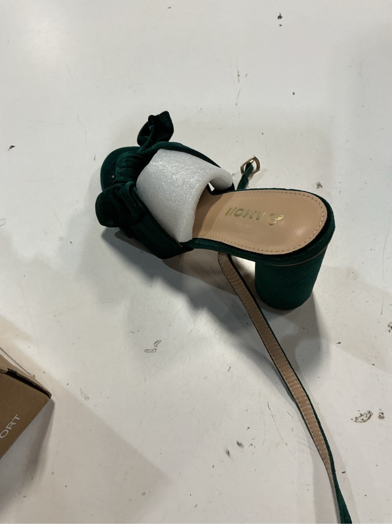 Condition photo showing Good Condition for amoji women's satin block heeled 3 inch-4 inch sandal bowknot pleated ankle strap for wedding party dress shoes 302 8 velvet-green