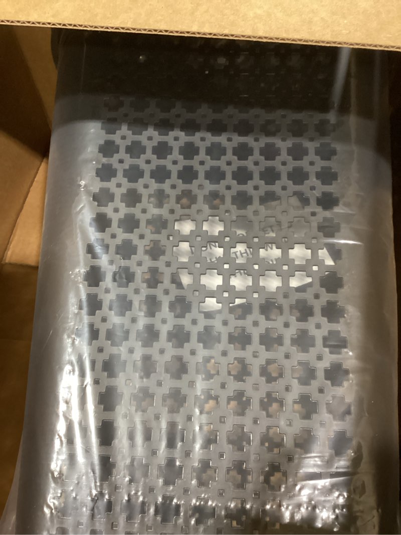 Condition photo showing New/Like New for Mind Reader Slim Tapered Laundry Hamper with Lid, Clothes Basket with Swiss Cross Cut-Outs, Lightweight & Ventilated, Plastic, 16.75"L x 12.75"W x 23"H, Black