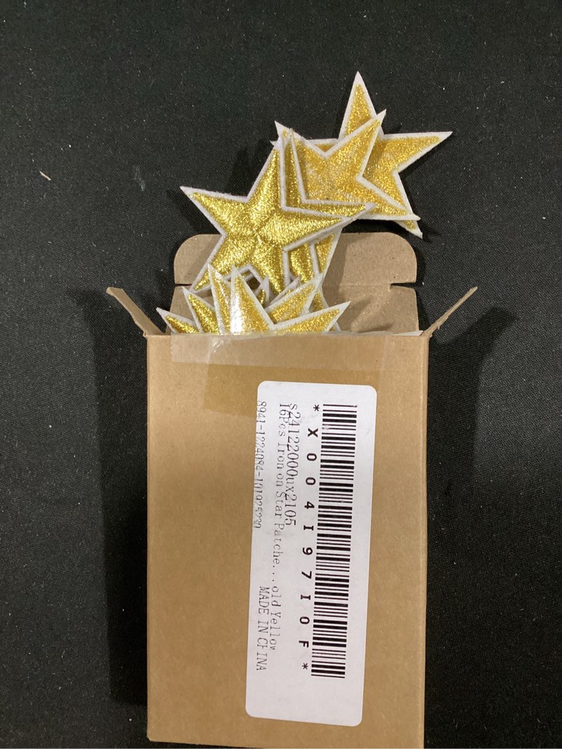 Condition photo showing As Is for uxcell 16pcs iron on star patches, sew on star embroidered patches, decorative repair patch applique for diy crafts backpacks bags hats clothes, 29mm gold yellow