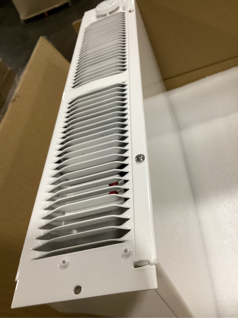 Condition photo showing Good Condition for Model 112 Electric Kickspace heater,compact design,white fan-forced wall heater with built-in thermostat,covers 150 square feet, factory wired 240/208VAC