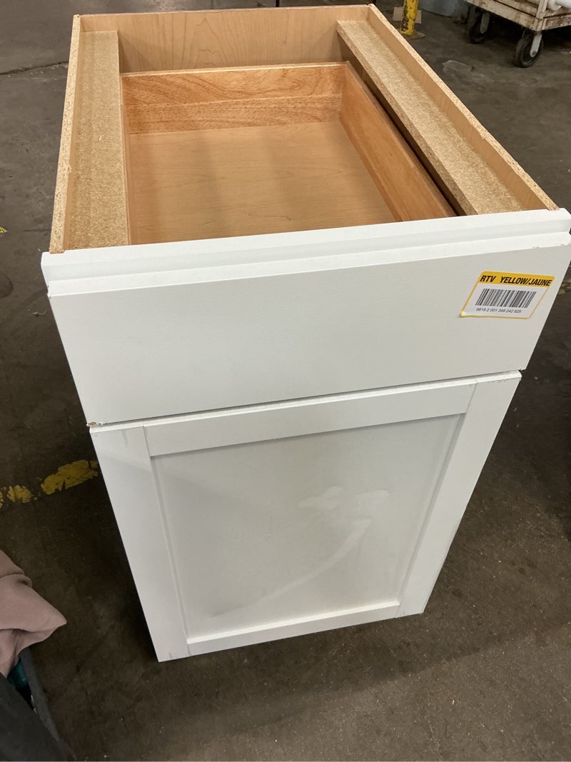 Condition photo showing As Is for courtland 18 in. w x 24 in. d x 34.5 in. h assembled shaker base kitchen cabinet in polar white