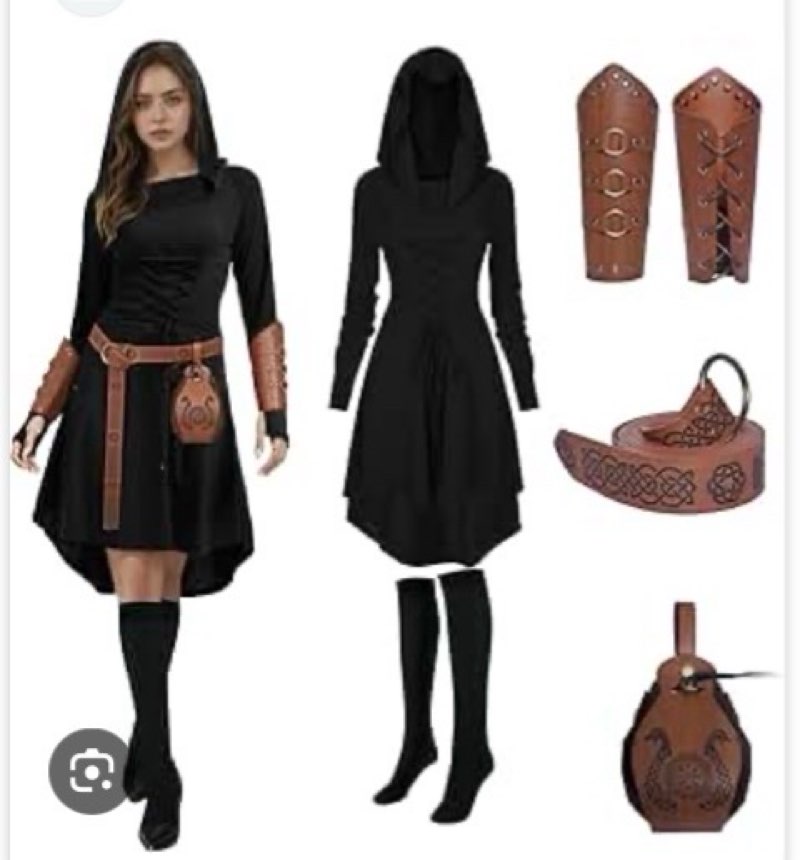 FSUJWOA 5 Pcs Renaissance Women Costume Medieval Hooded skirt Vintage Arm Guard Printed Belt and Wai