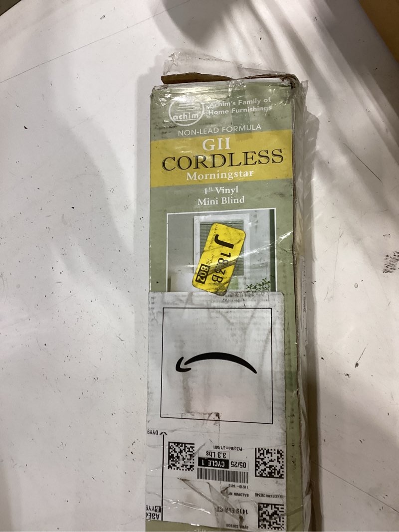 Condition photo showing As Is for cordless gii morningstar 1" light filtering mini blind 28x64 - white 28"w x 64"h pearl white