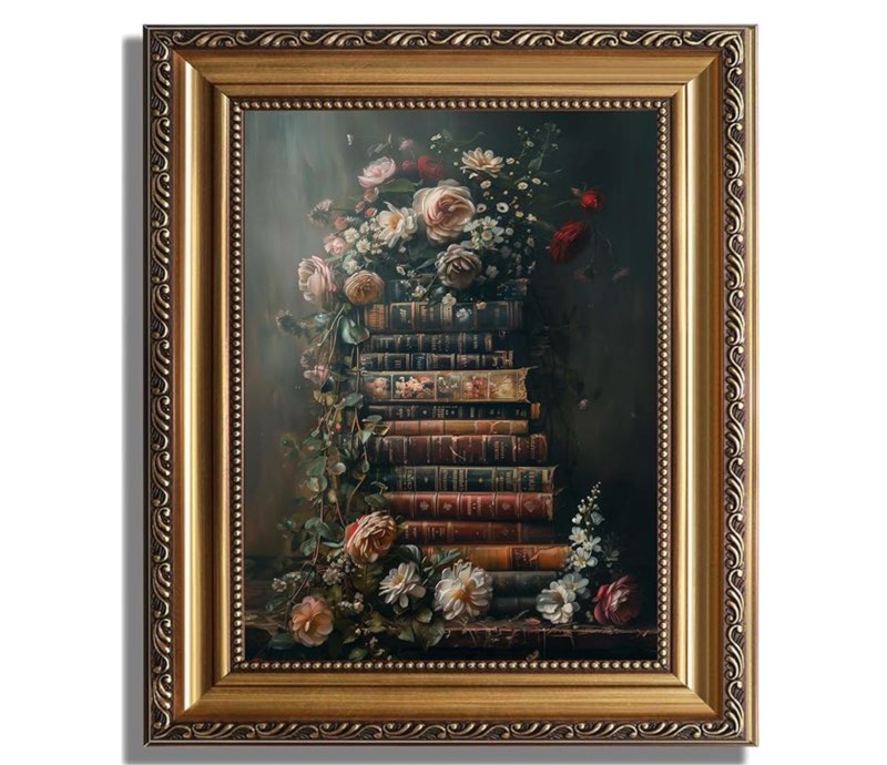 Condition photo showing Good Condition for framed vintage floral wall art - moody flowers books art oil painting, vintage wildflowers dark academia floral gallery wall decor picture, rustic country canvas decor for living room office 9''x12''