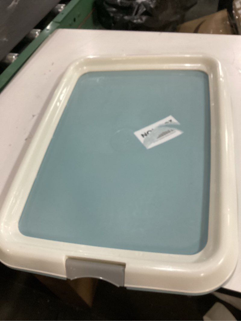 Condition photo showing As Is for IRIS USA Pee Pad Holder  Fits 17 x24  or Larger  Medium  Puppy Dog Pad Hoder  Secured Latches  Non-Skid Rubber Feet  High Polish Finish for Easy Cleaning  Leak Protection  Dog Potty Tray  Blue