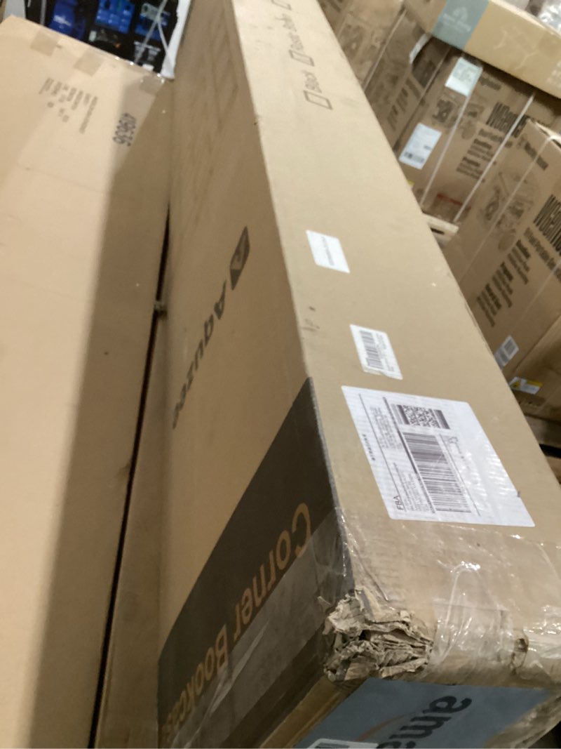 Condition photo showing As Is for Large 5-Tier Corner Bookshelf - Modern Tall Corner Shelf Storage Display Rack with Sturdy Metal Frame - Perfect for Living Room, Home Office, Books and Decor Display Rustic Brown