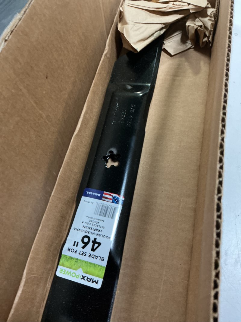 Condition photo showing New/Like New for MaxPower 561739B 2 Blade Set for 46" Cut Craftsman, Husqvarna, Poulan Replaces OEM no. 405380, 594892801, 532405380, CMXGZAM110147