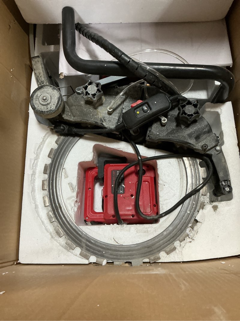 Condition photo showing As Is for powerful 8980w/110v 16in ring concrete saw cutter - electric concrete saw for granite, porcelain, wood, stone - with 2 premium blades