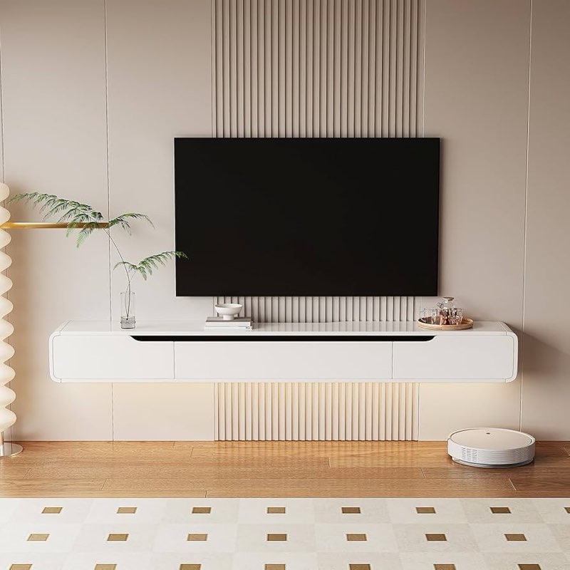 White FurniNova Fully Assembled Floating TV Stand Wall Mounted 94'',High Gloss Floating Media Console with 2 Drawers & Rattan Door, Under TV Shelf for Living Room Bedroom Entertainment Center,Walnut 94 IN Walnut