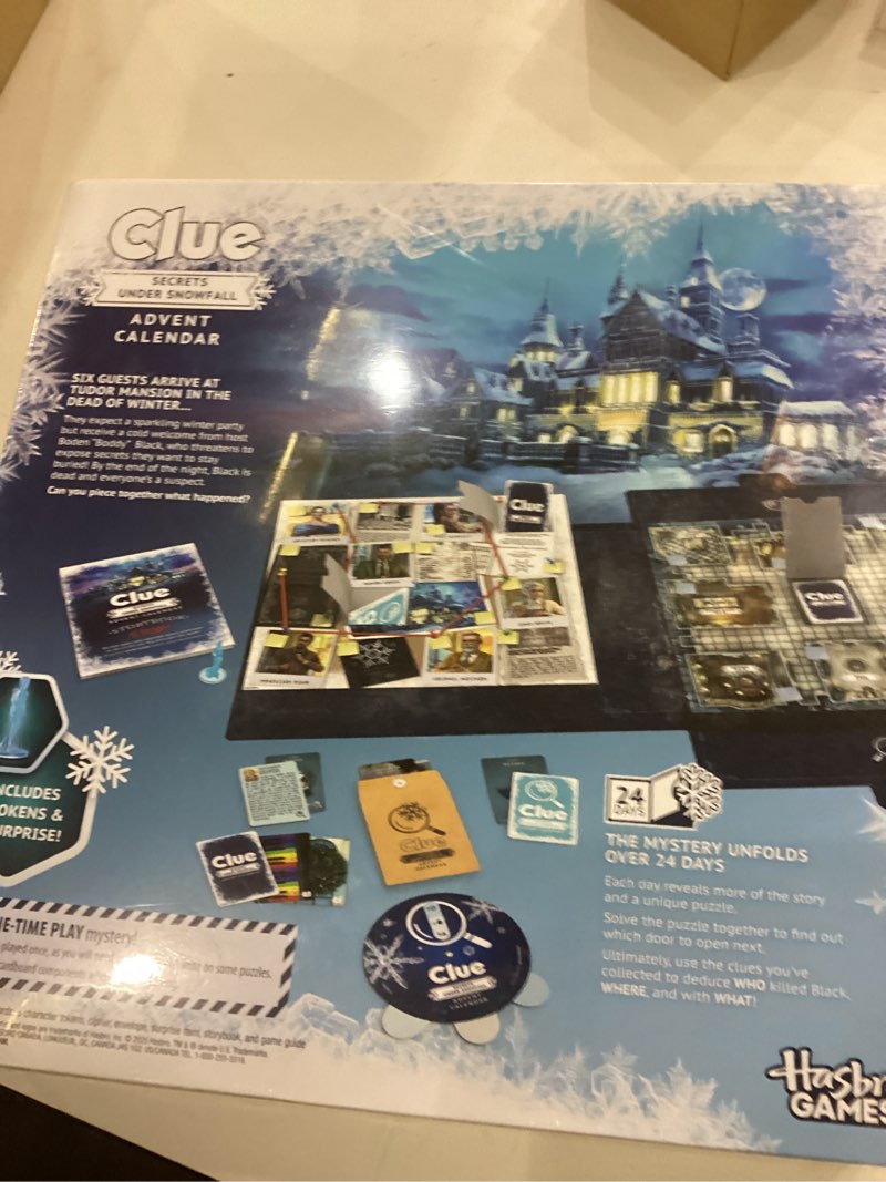 Condition photo showing New/Like New for Clue Advent Calendar: Secrets Under Snowfall | 24 Days | Family Mystery Games | with 6 Winter-Themed Tokens and Surprise | Ages 10+ | 1+ Players