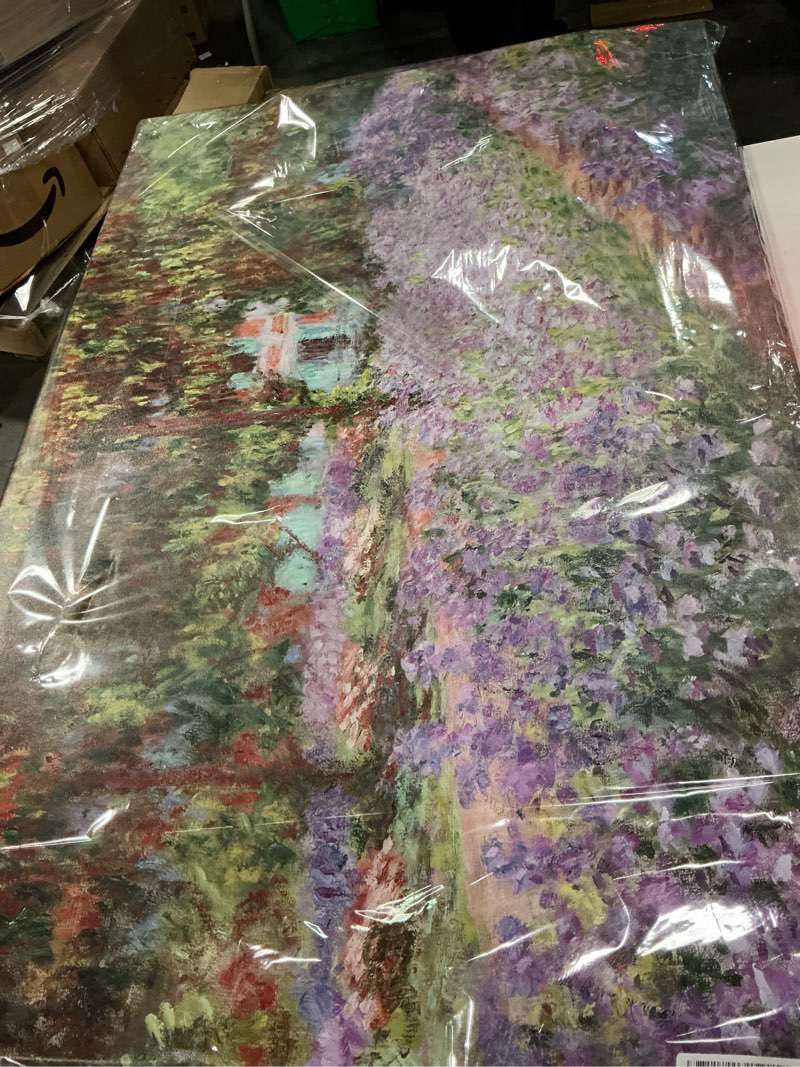 Condition photo showing As Is for irises in monet's garden, 1900 by claude monet - large canvas art wall decor painting print framed -32" x 48" 48"l x 32"w irises in monet's garden