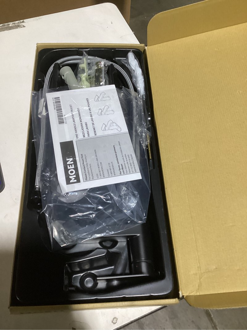 Condition photo showing New/Like New for Moen Genta LX Matte Black One-Handle Modern Bathroom Sink Faucet with Optional Deckplate and Low-Arc Spout for Bath Countertop, 6702BL Matte Black Faucet