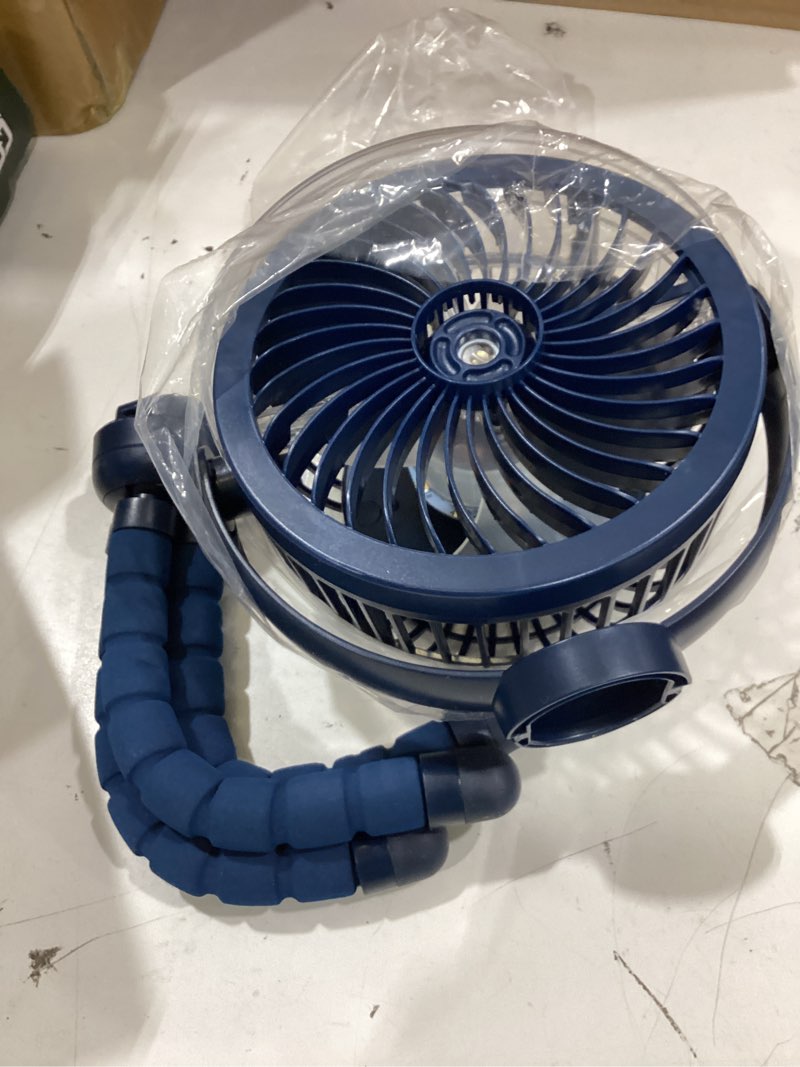 Condition photo showing As Is for misting stroller fan, 6000mah battery operated portable fan with light & 360° pivoting, personal cooling fans with flexible tripod for baby, office, travel,treadmill,outdoors (dark blue)