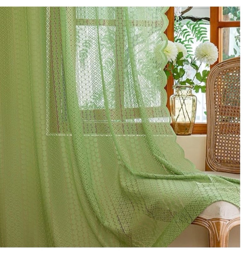 amhoo 2 panels boho vintage lace semi sheer curtain farmhouse voile curtains for living room bedroom window treatment black 55 x 63 inch 55"w x 63"l (pack of 2) green