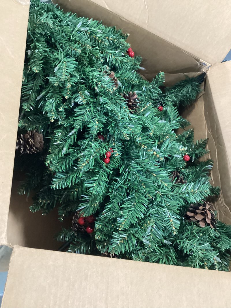 Condition photo showing As Is for 6.5FT Pre-lit Pencil Christmas Tree with Remote Control, 250 Warm White Multi-Color Lights, Hinged Slim Skinny Spruce for Home, Office, Holiday Party Decoration Dual Color LED, Pinecones Red Berries Green Red Berries 6ft 6in